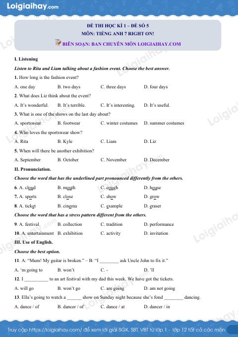 Đề thi học kì 1 Tiếng Anh 7 Right on! - Đề số 5